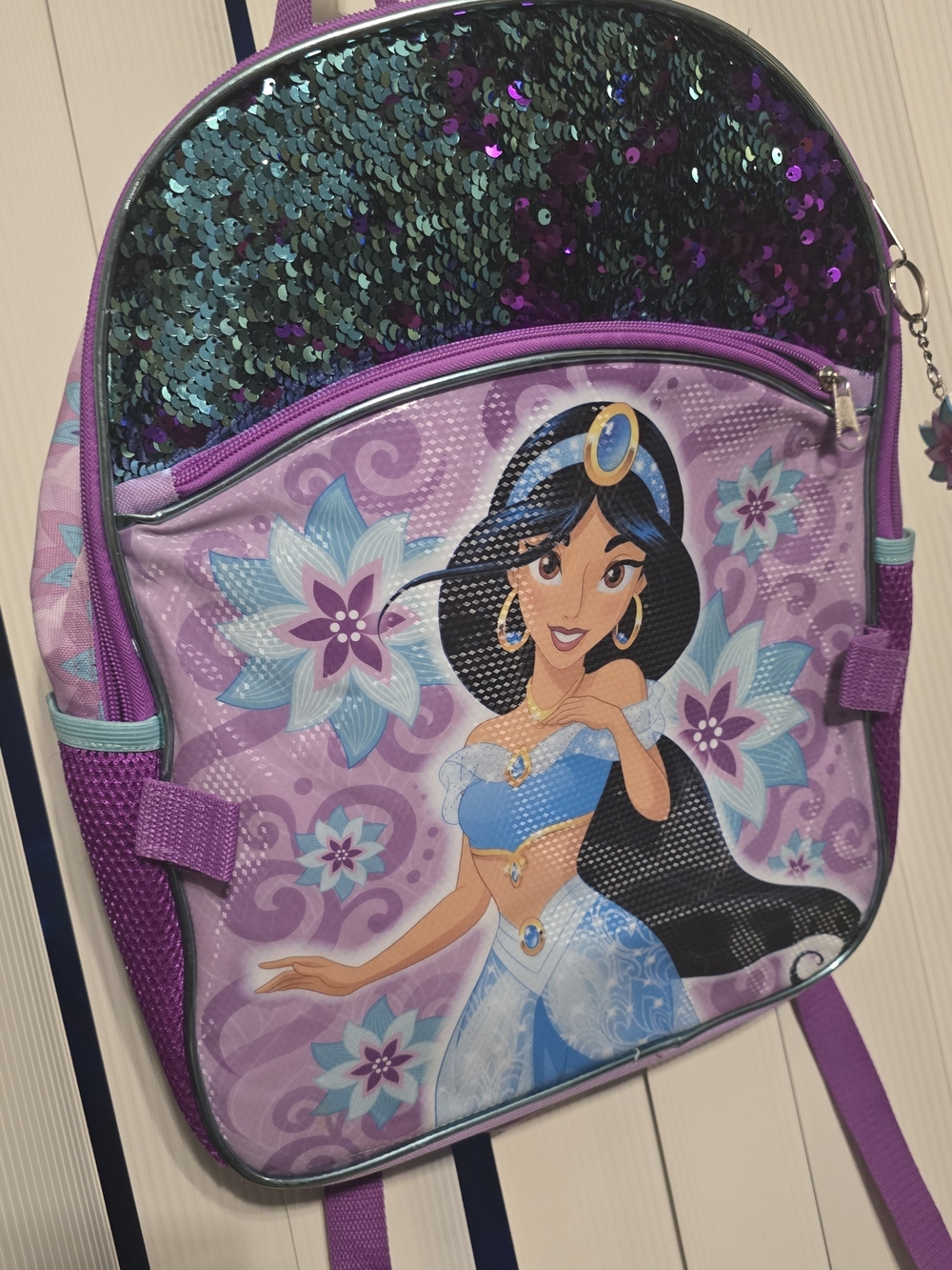 Disney Jasmine Teal Purple Sequin Kids Backpack - Themed Keychain - EUC Aladdin